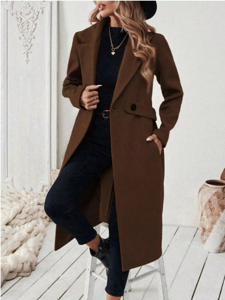 Notched lapel belted longline coat with side pockets