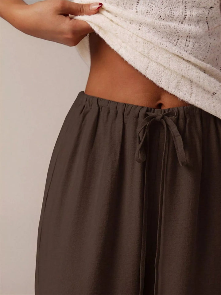 Linen-look drawstring wide-leg pants with side pockets