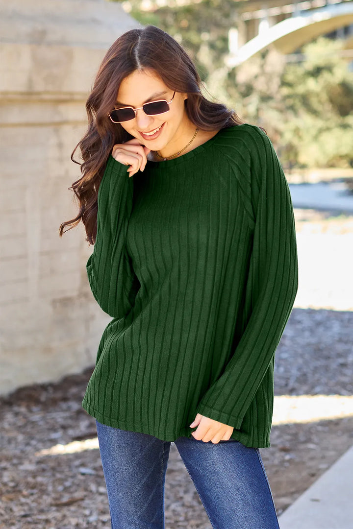 Dark Green Relaxed ribbed knit round neck long sleeve top