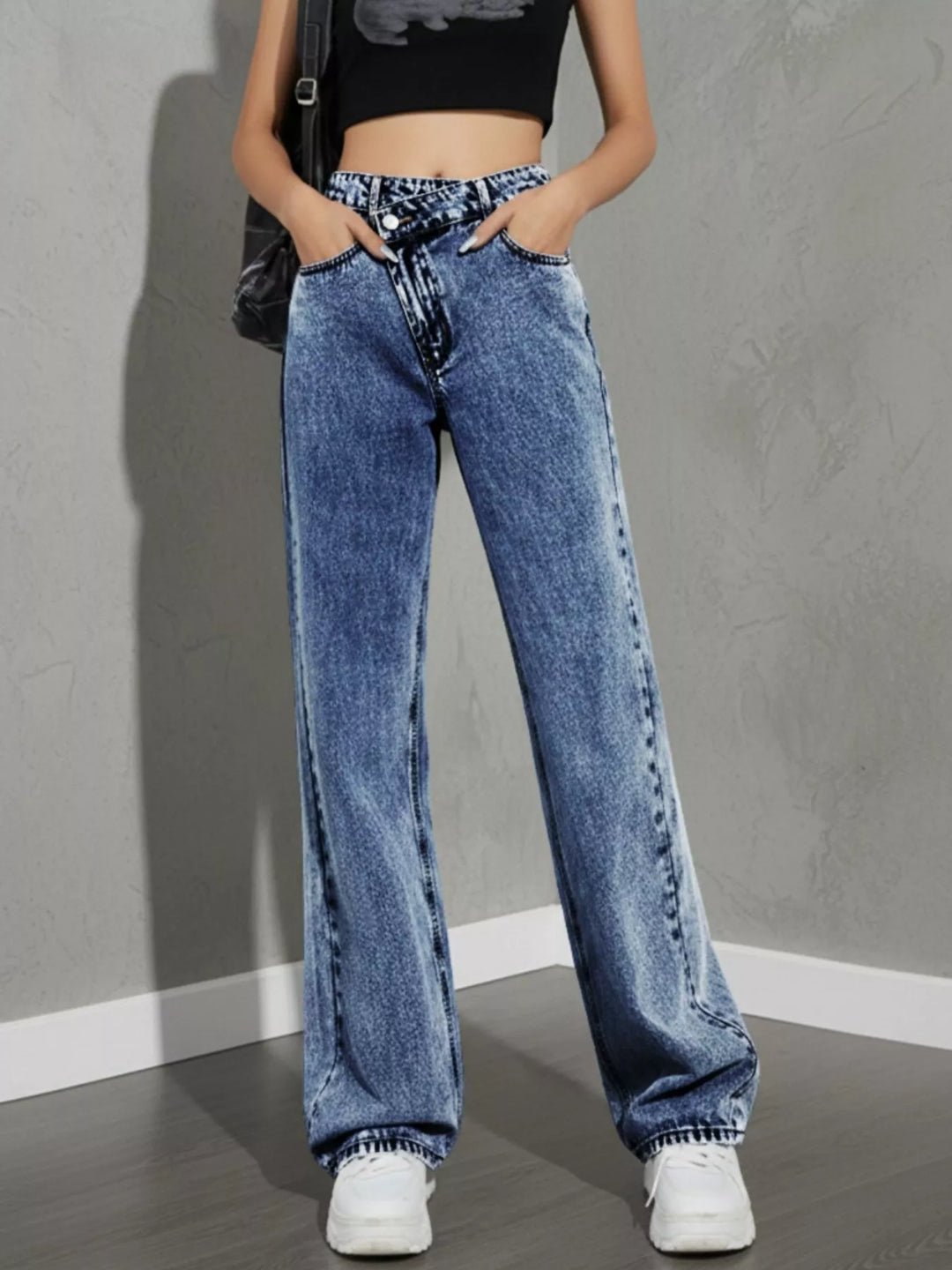 Dark Blue Asymmetric crossover high-rise wide leg jeans