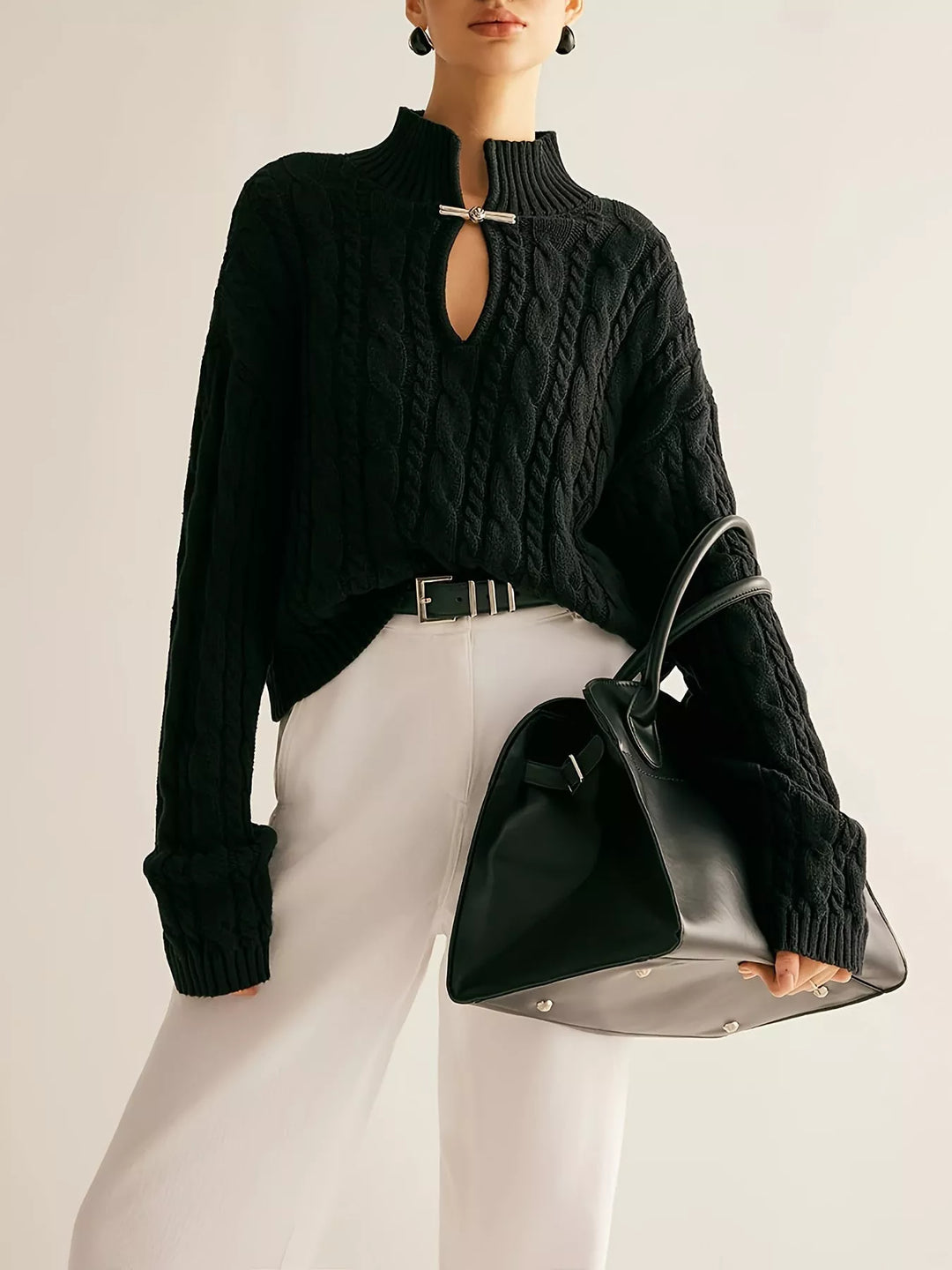 Cable-knit mock neck sweater with keyhole cutout