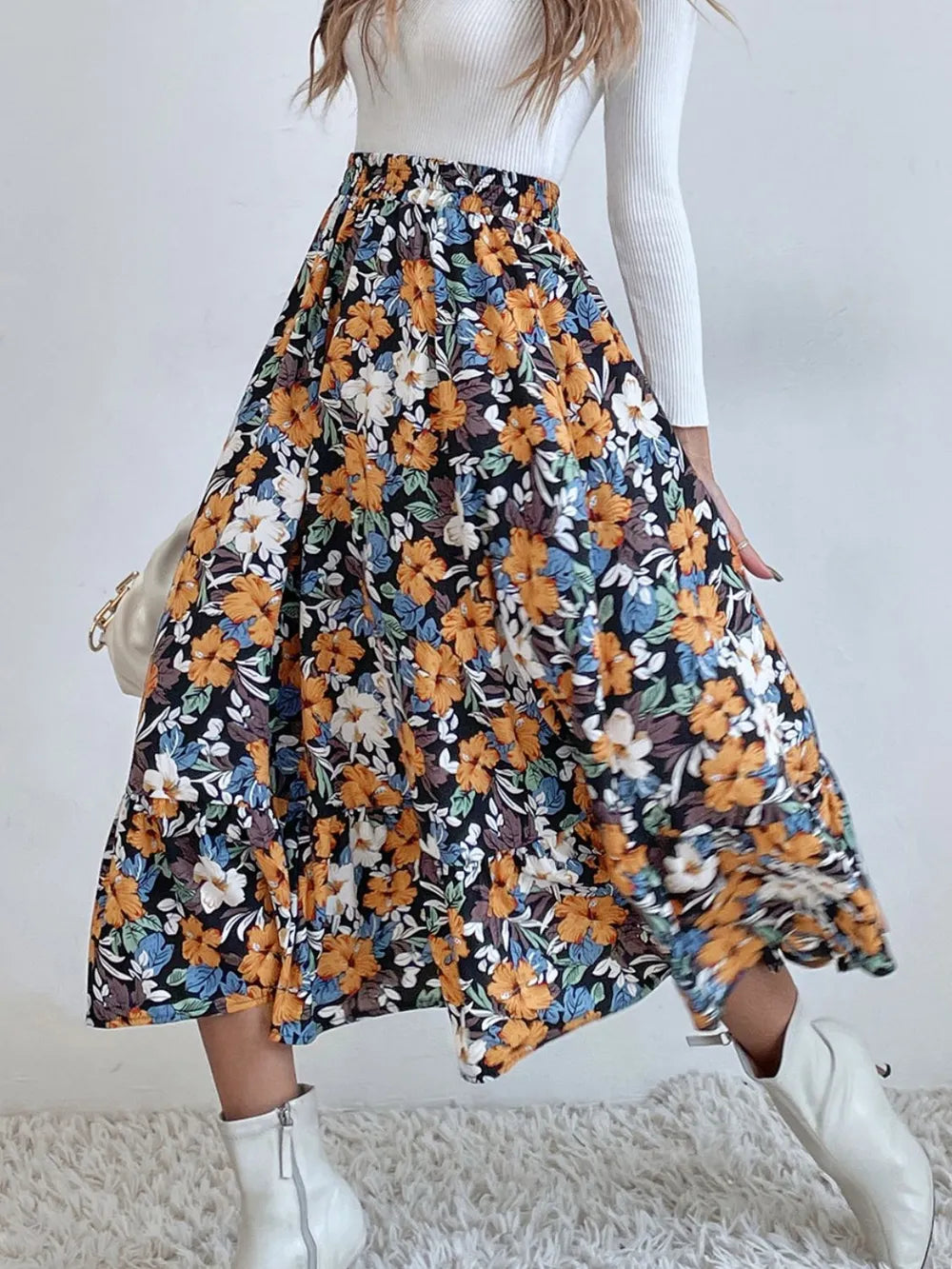 Flared ruffle-tier midi skirt with elastic waist