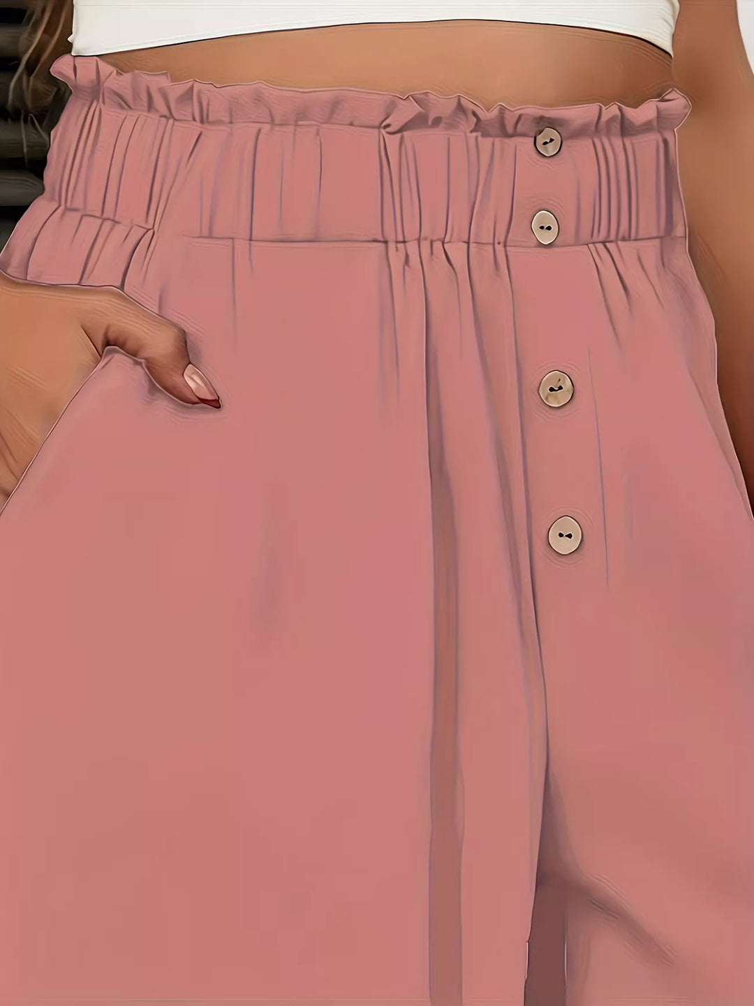 High-rise paper bag wide-leg pants with button front