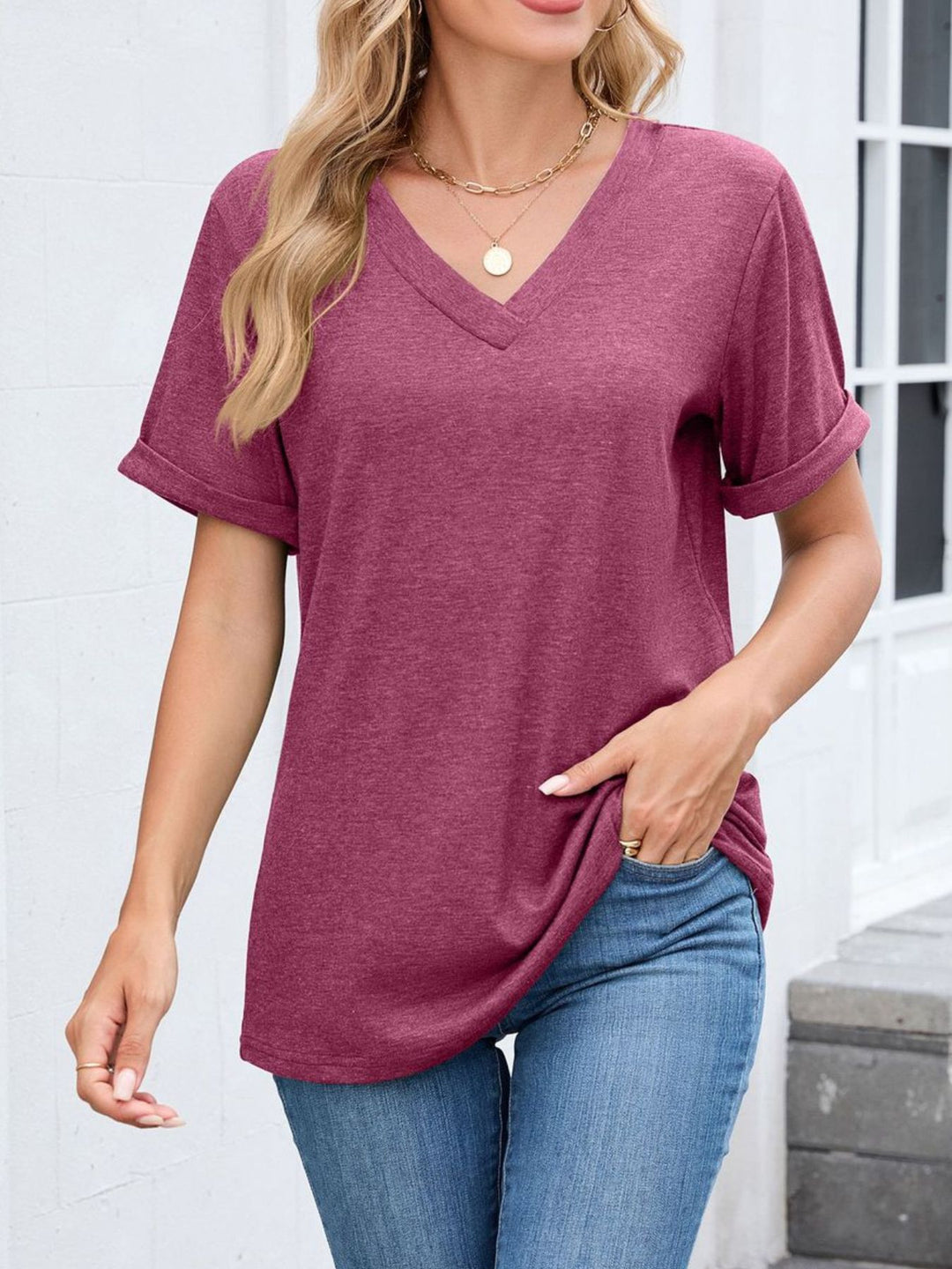 Relaxed V-neck short sleeve tee with rolled cuffs