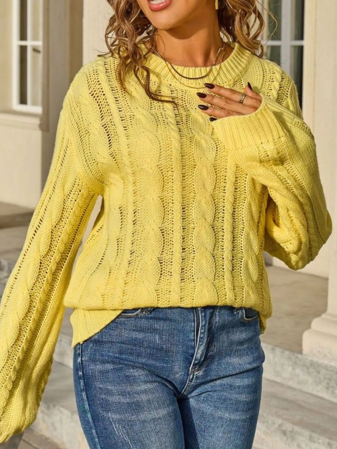 Openwork cable knit long sleeve crew neck sweater