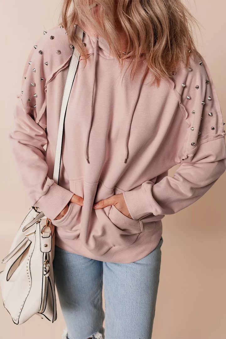 Studded shoulder drawstring hoodie with kangaroo pocket