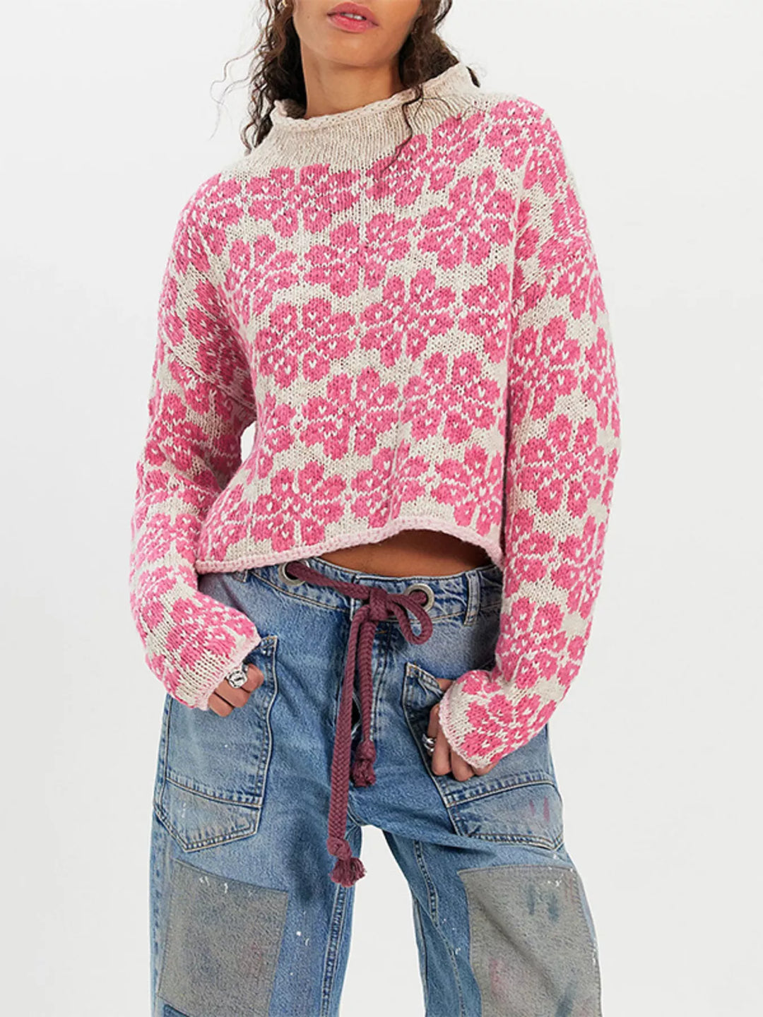 Pink Floral knit dropped shoulder sweater with contrast trim