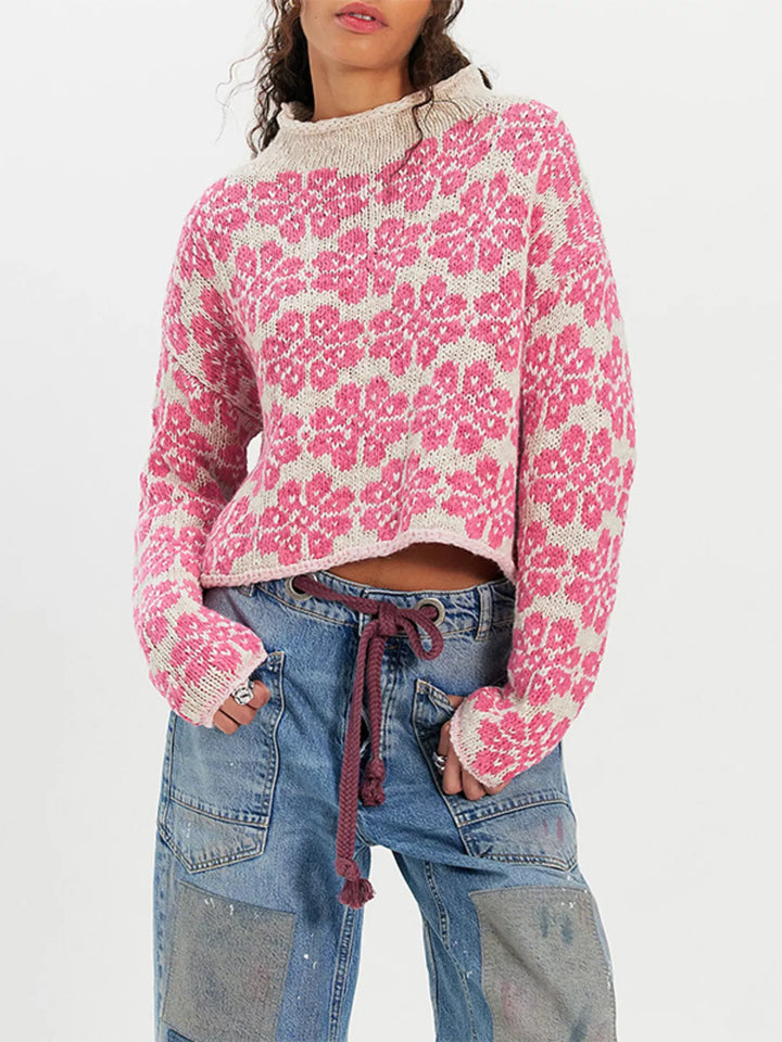 Pink Floral knit dropped shoulder sweater with contrast trim