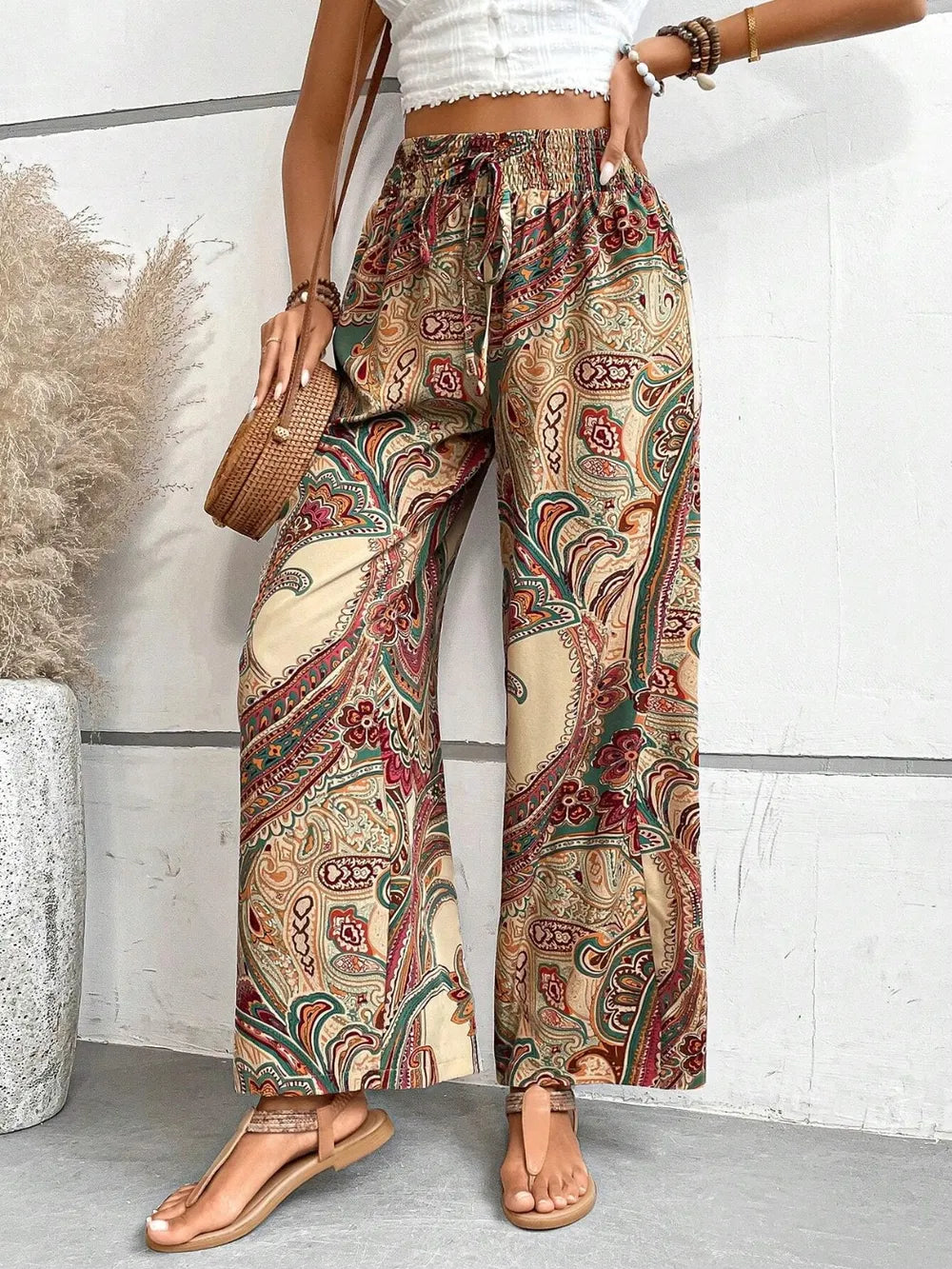 Paisley print wide-leg pants with drawstring waist