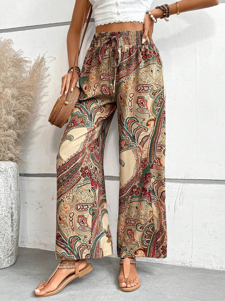 Paisley print wide-leg pants with drawstring waist