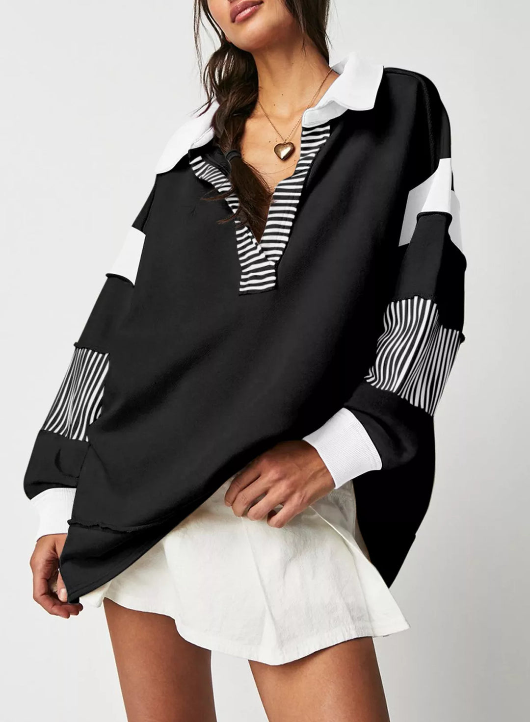 Color block striped Johnny collar sweatshirt with exposed seams