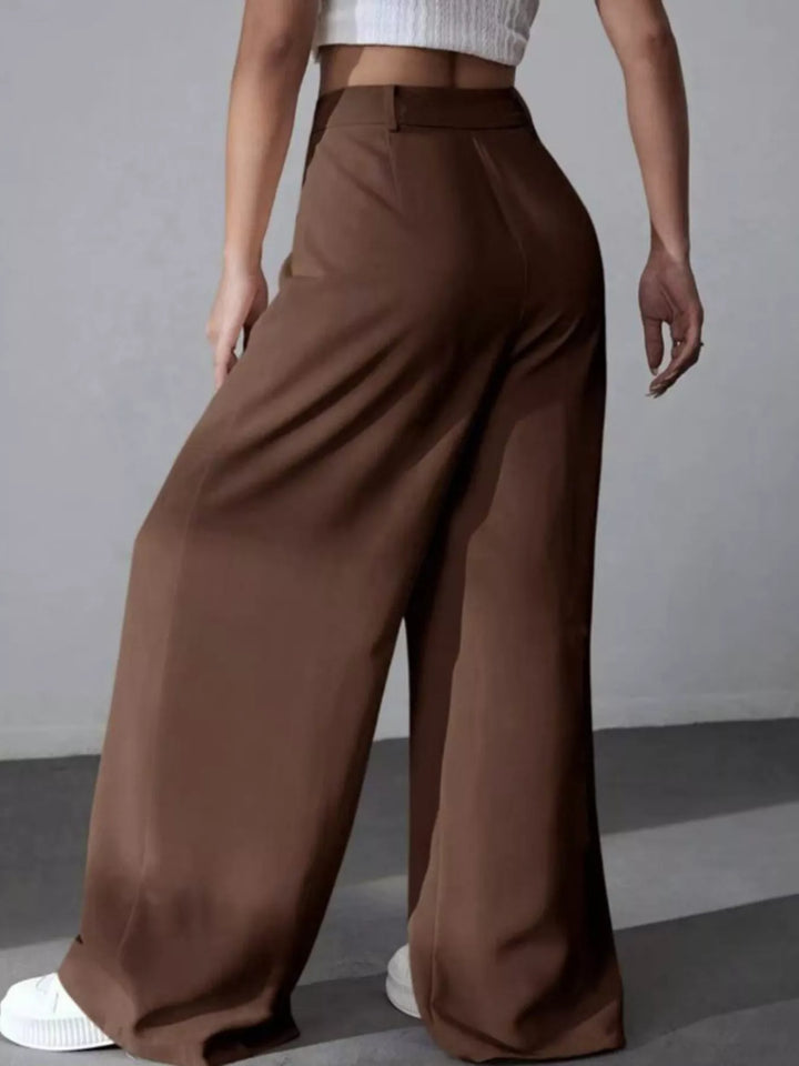High-rise wide-leg pleated pants with button waist