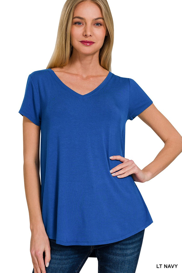 LT NAVY Rayon V-neck short sleeve top with round hem