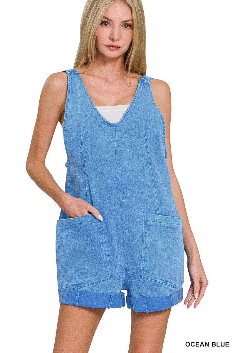 OCEAN BLUE Washed denim romper with adjustable straps and patch pockets