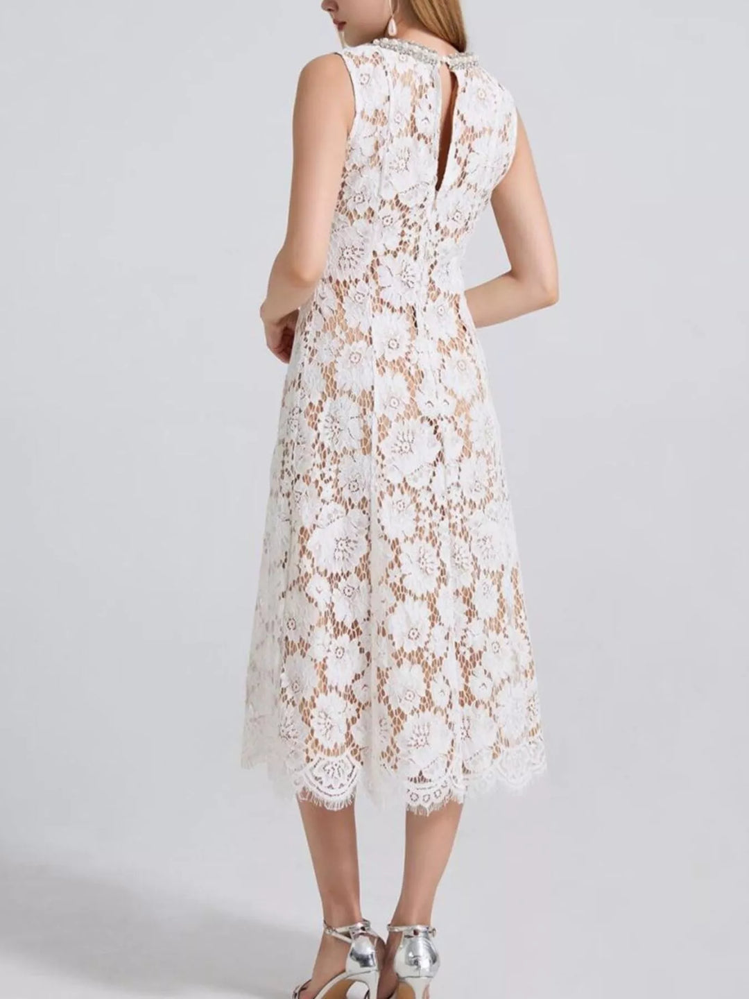 Sleeveless floral lace midi dress with pearl neckline