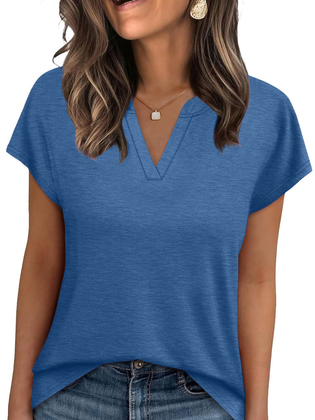 Peacock  Blue Notched V-neck short sleeve relaxed knit top