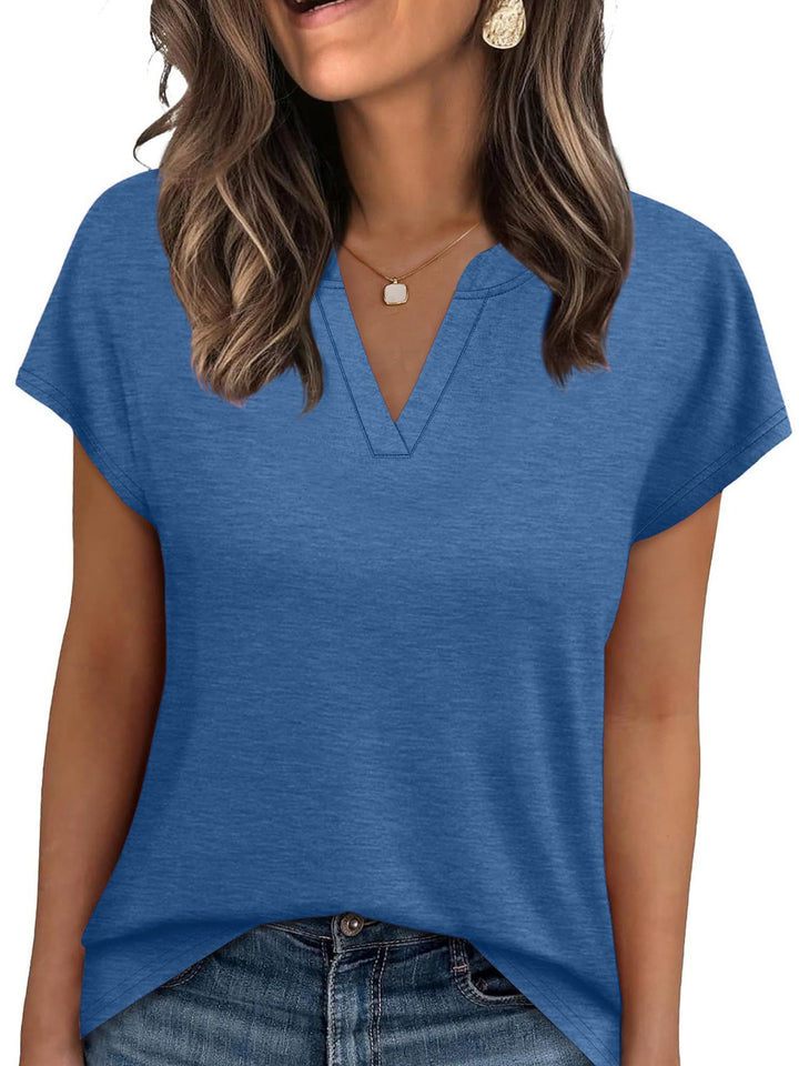 Peacock  Blue Notched V-neck short sleeve relaxed knit top
