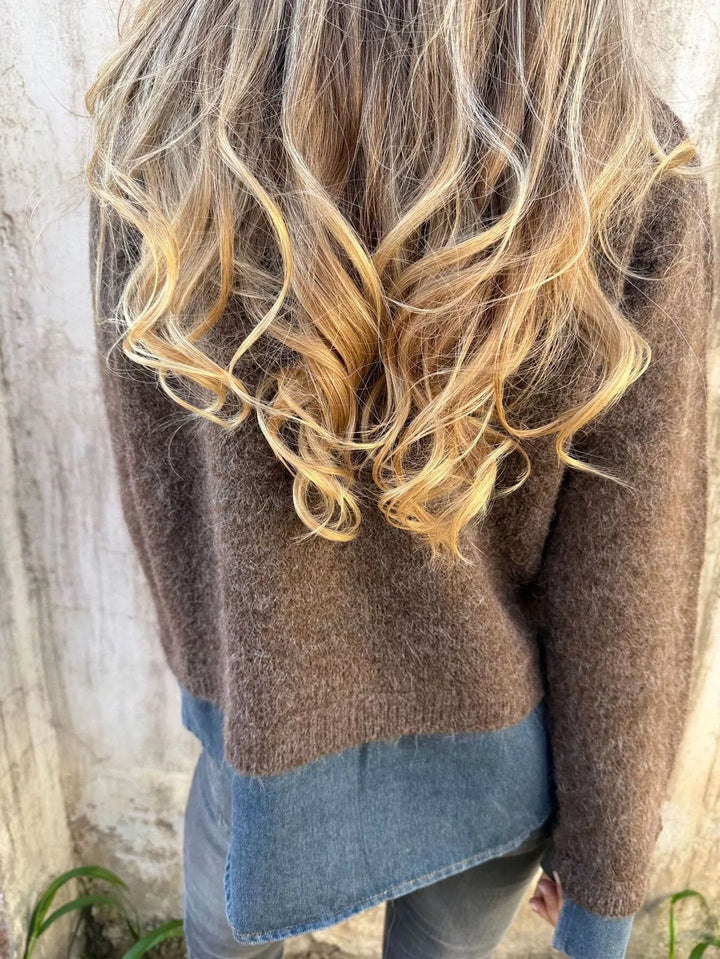 Denim collar half-zip knit sweater with layered hem