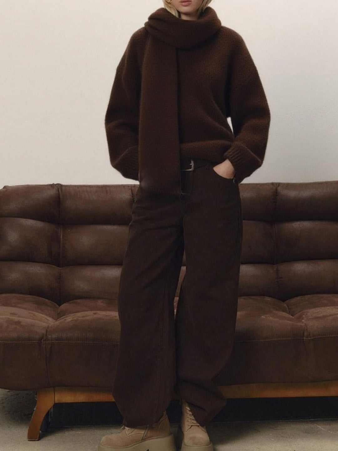 Brown Oversized dropped-shoulder knit sweater with scarf