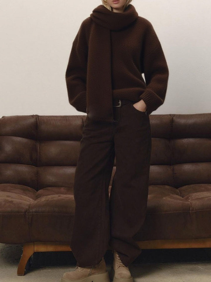 Brown Oversized dropped-shoulder knit sweater with scarf