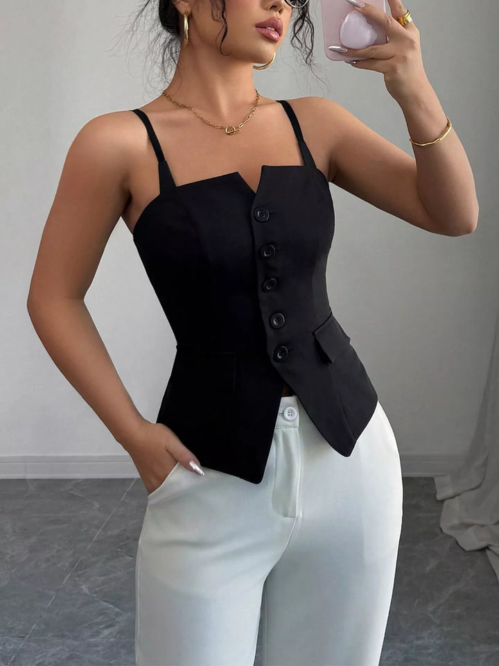 Structured button-front cami top with asymmetric hem