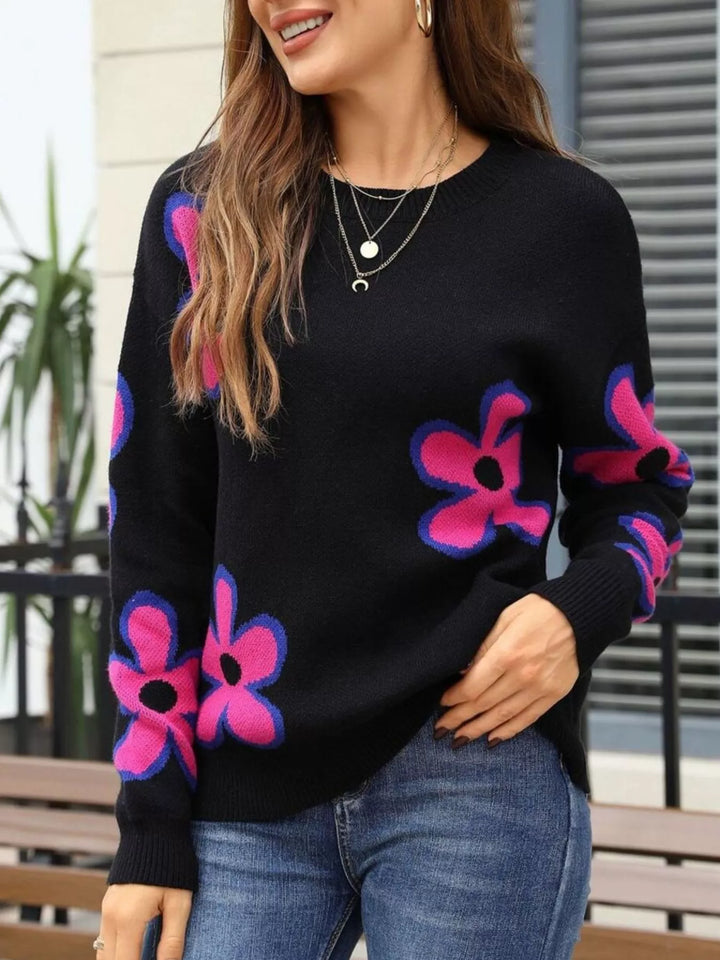 Floral crew neck knit sweater with ribbed cuffs