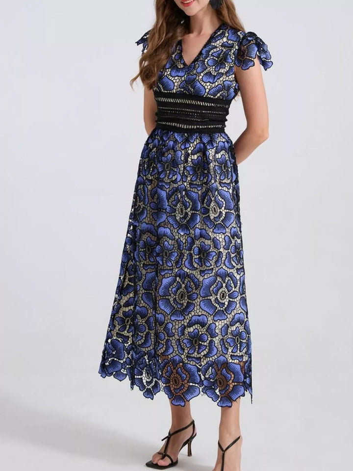 Embroidered floral lace V-neck midi dress with flutter sleeves