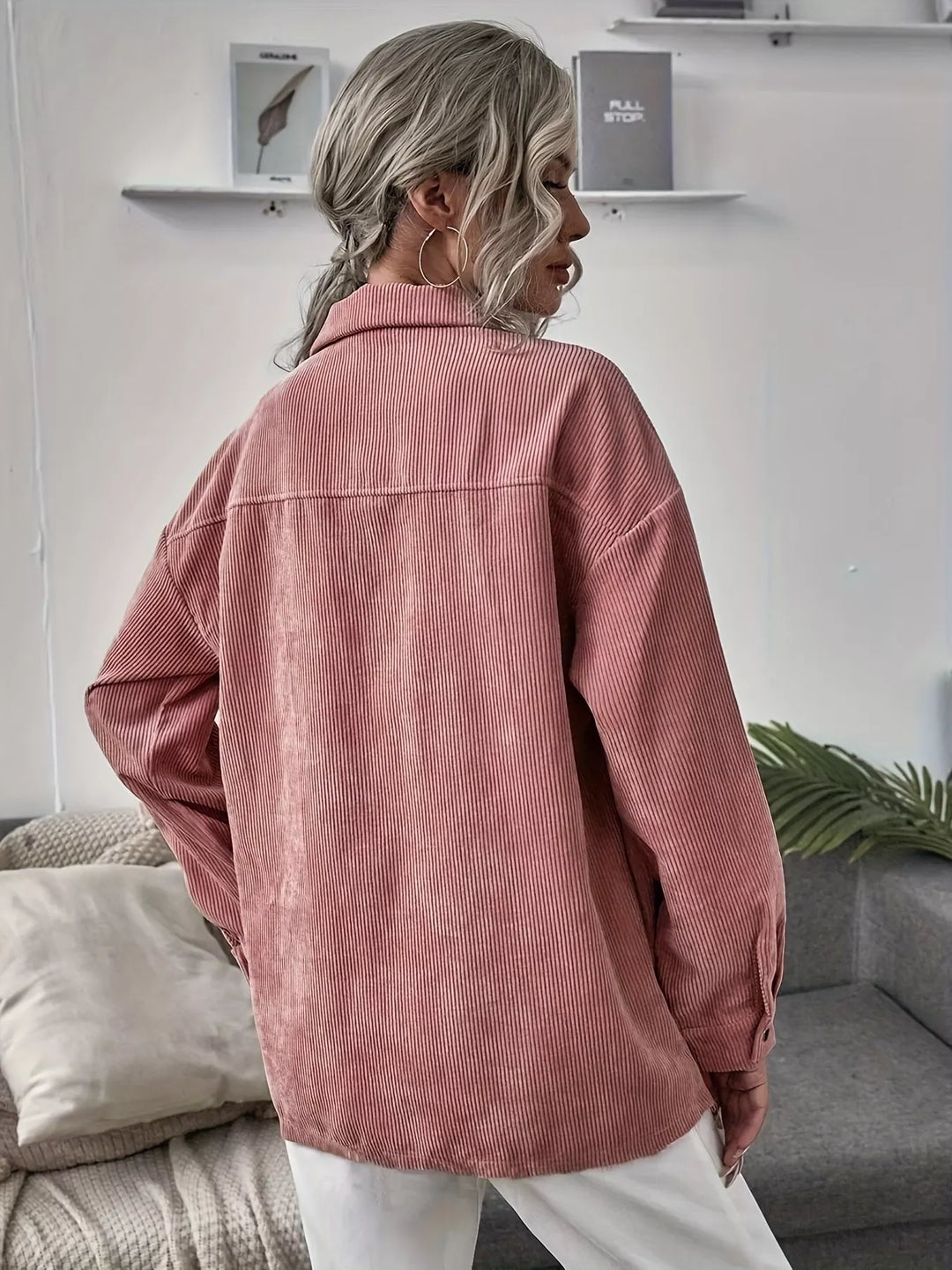 Corduroy button-up shacket with flap chest pockets