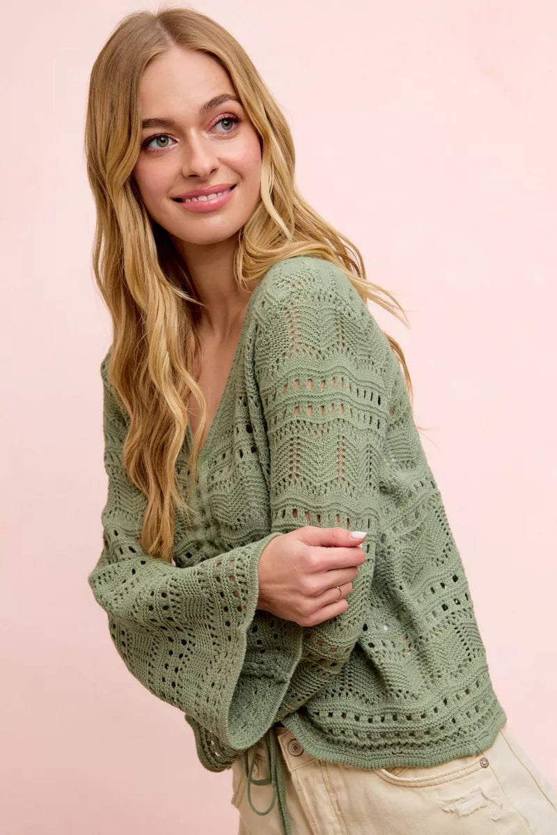 Long sleeve pointelle knit V-neck top with ruched front