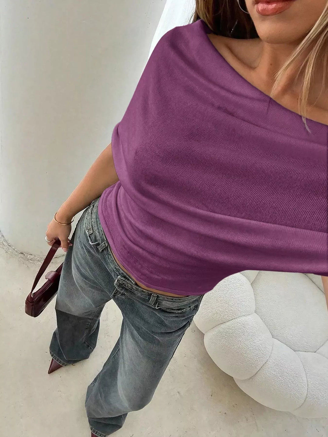 Off-shoulder ruched ribbed knit short-sleeve top