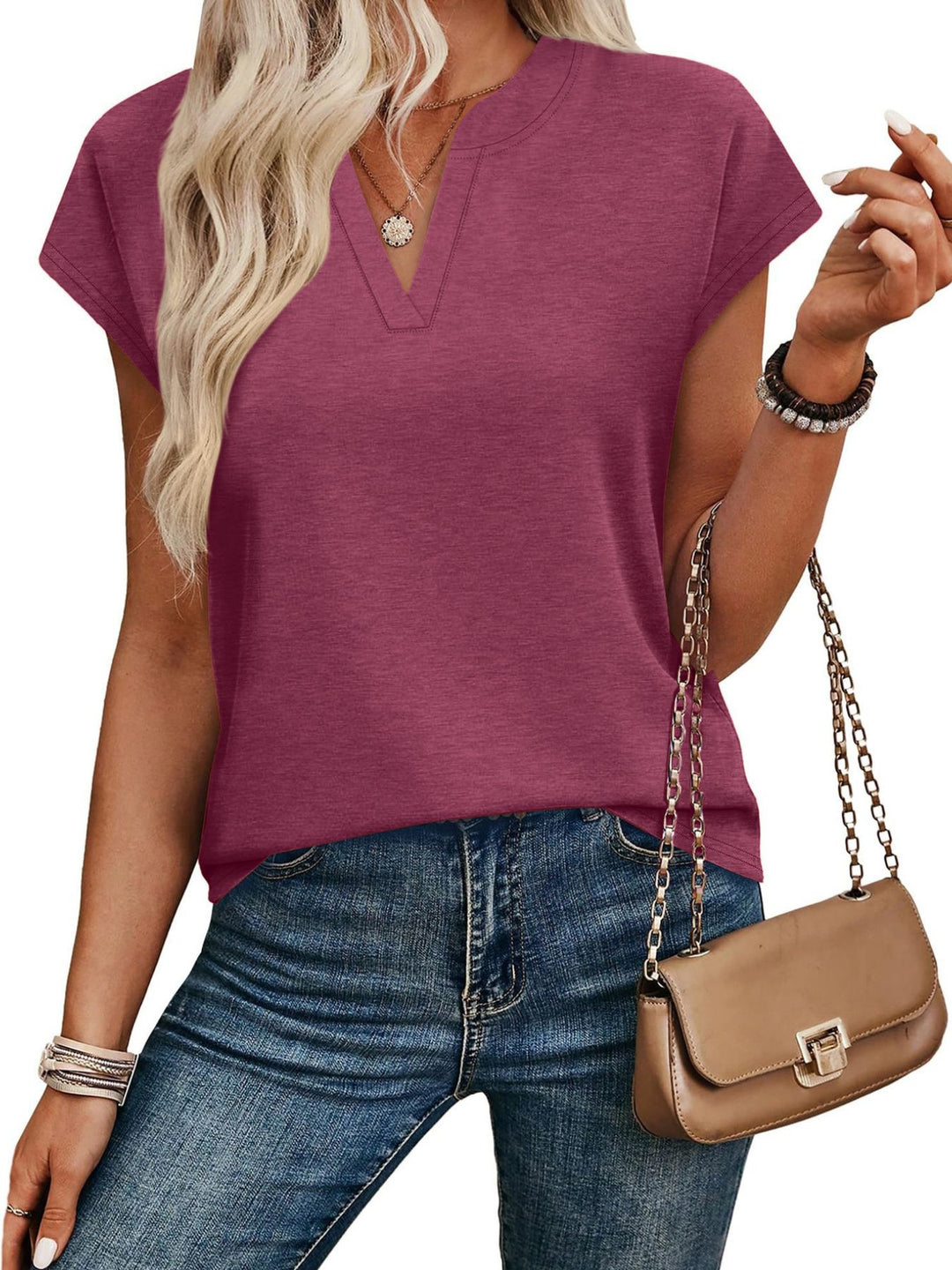 Notched V-neck short sleeve relaxed knit top