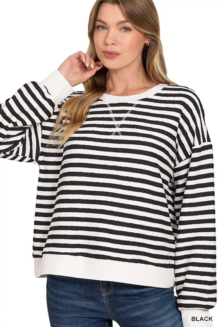 BLACK Striped textured knit sweatshirt with dropped shoulders