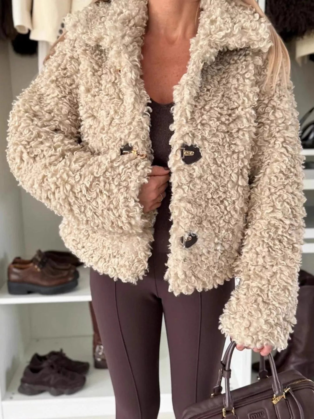 Cropped sherpa toggle-button jacket with spread collar