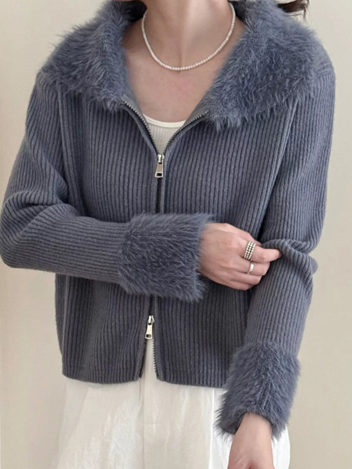 Dark Navy Ribbed knit zip-up cardigan with fluffy faux fur trim