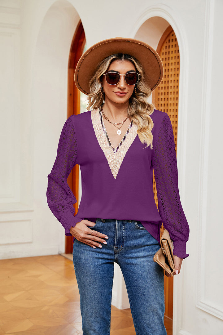 Fuchsia Contrast lace V-neck blouse with crochet long sleeves