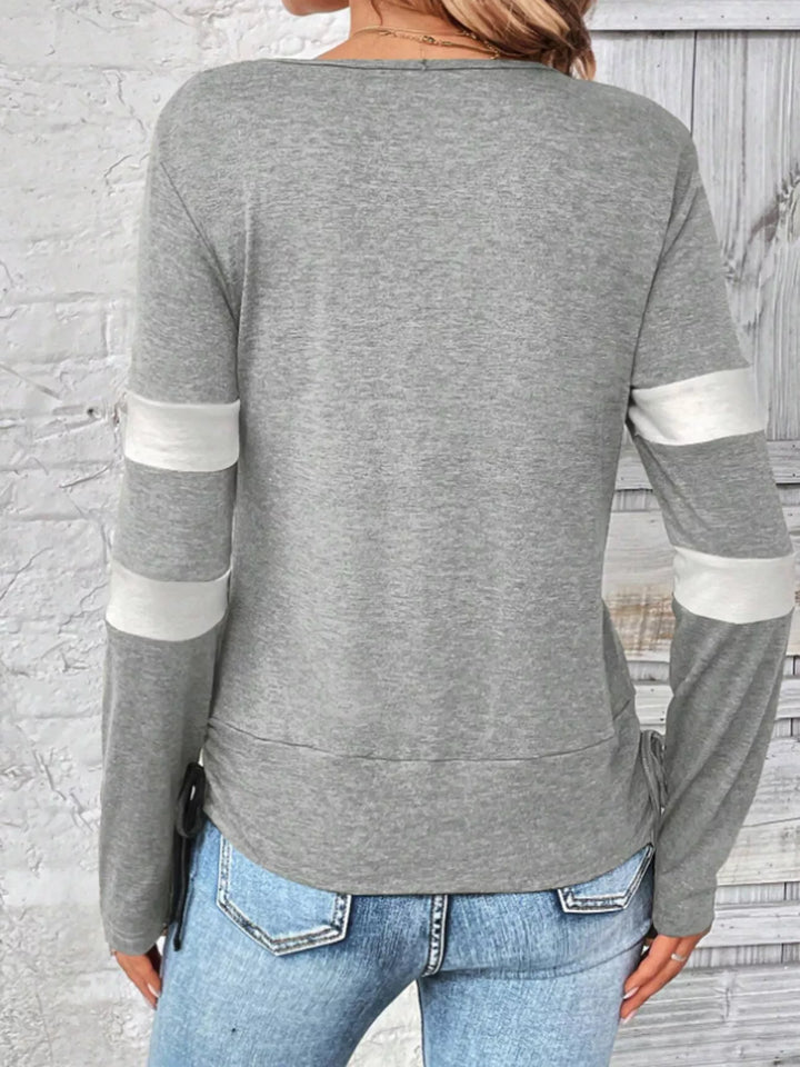 Cowl neck long sleeve faux layered top with side drawstring