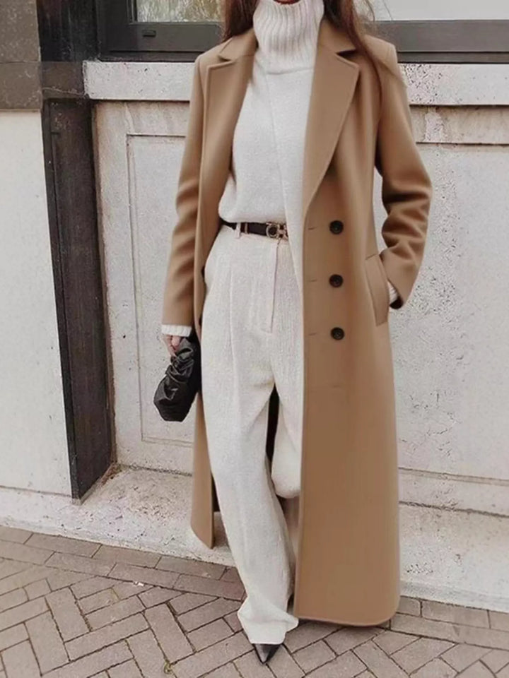 Khaki Double-breasted longline coat with notched lapels