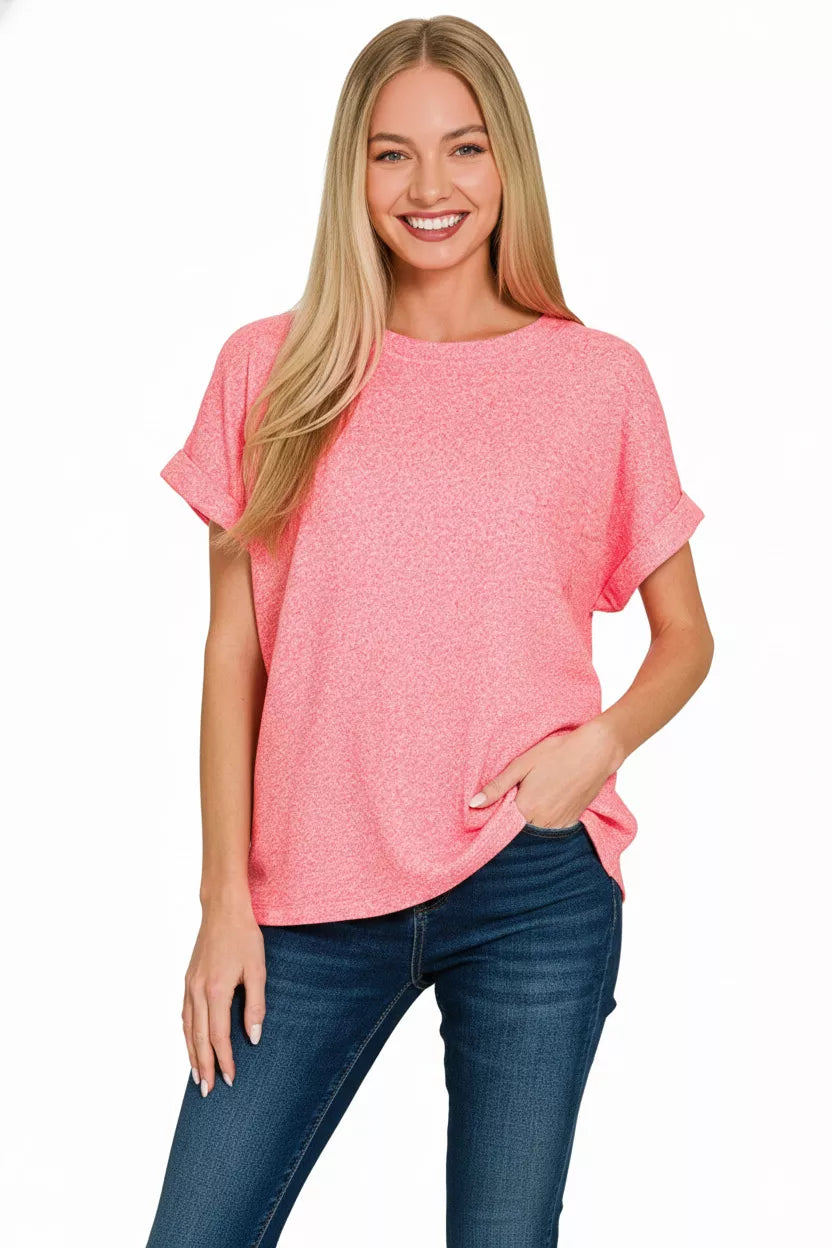 Cuffed short sleeve melange knit top with round neck