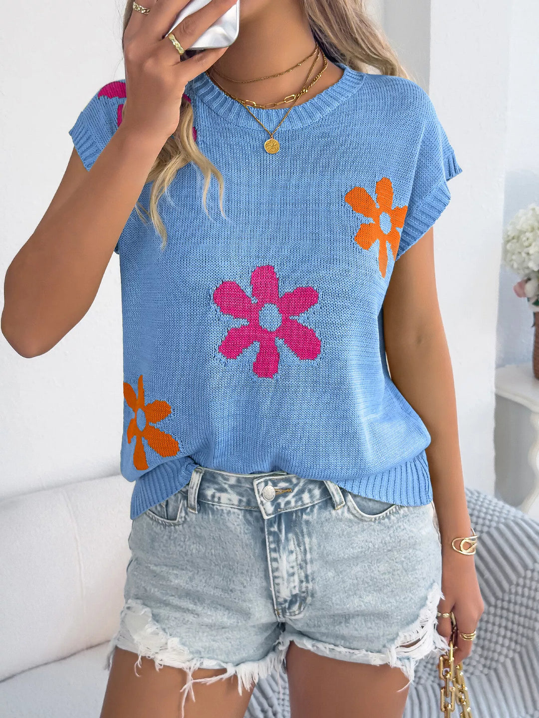 Floral cap-sleeve knit sweater with ribbed crew neck