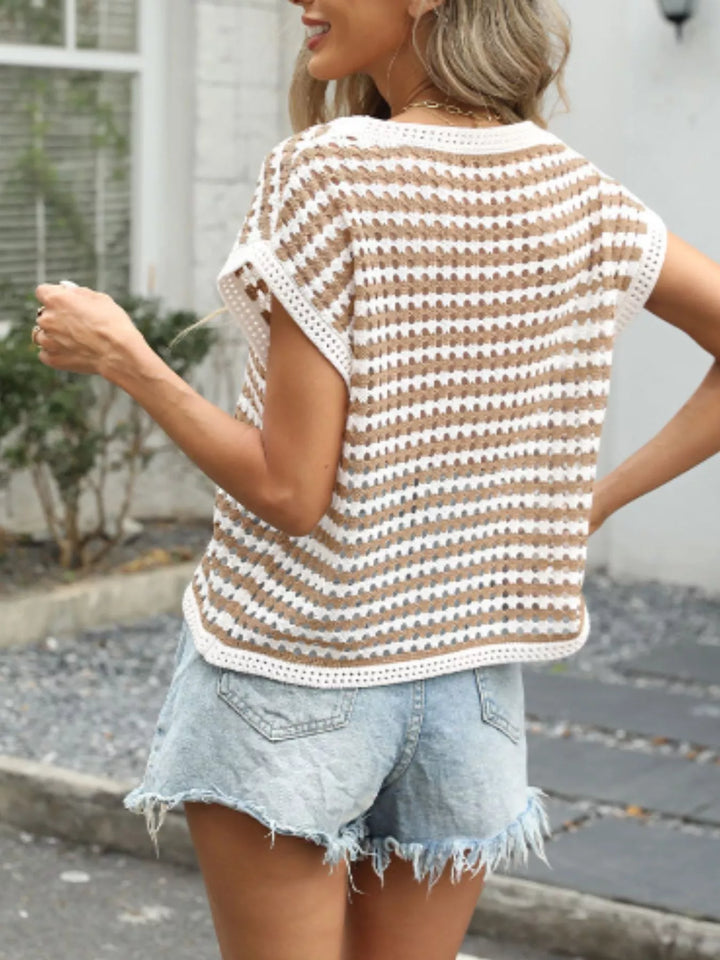Striped openwork crochet knit top with cap sleeves
