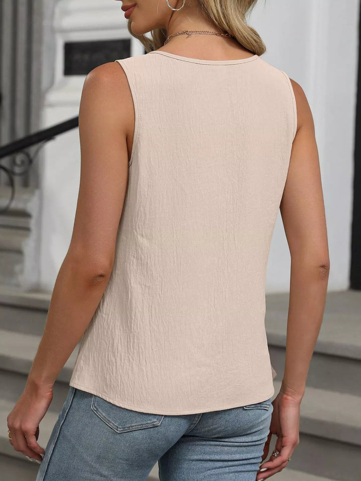 Keyhole neck tank top with pleated neckline detail