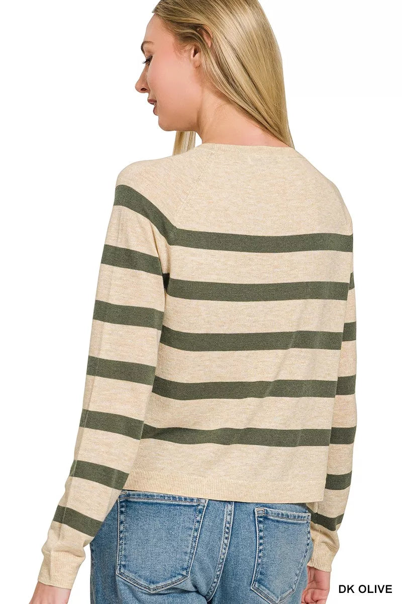 Striped ribbed knit crew neck pullover sweater
