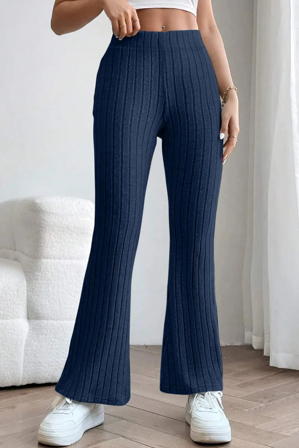 Ribbed knit high-waist flare pants with pull-on waist