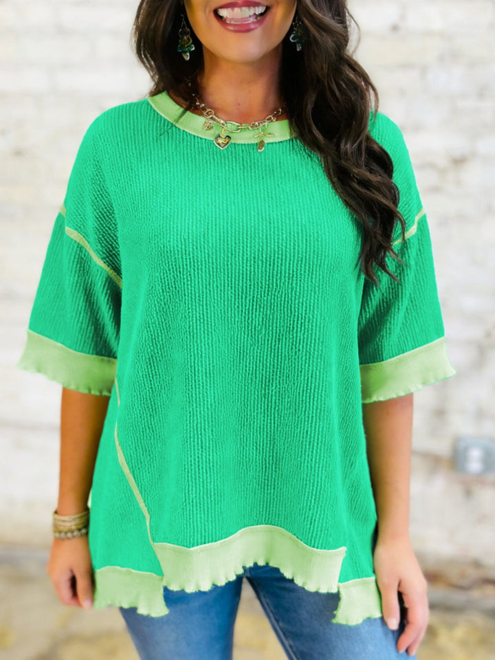 Green Loose ribbed knit top with contrast trim and uneven hem