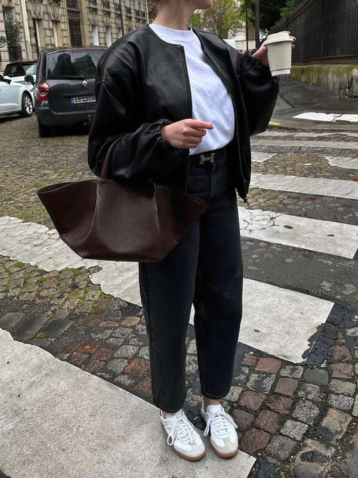 Cropped faux leather zip-up bomber jacket