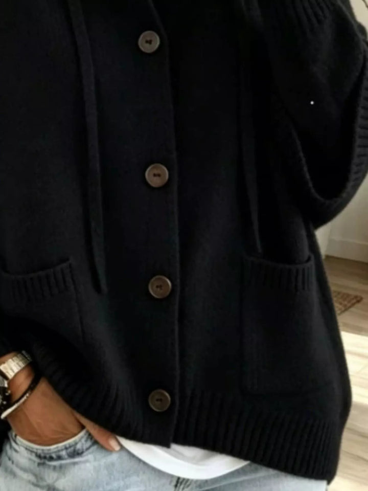 Hooded button-down knit cardigan with patch pockets