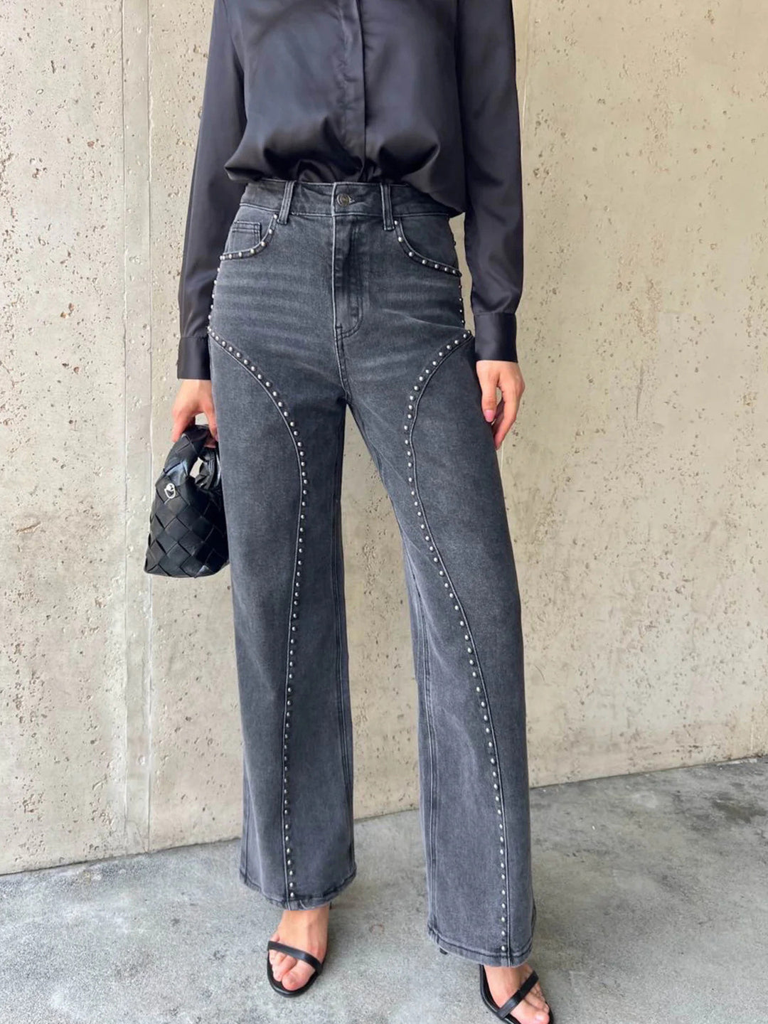 Dark Gray Studded high-rise wide-leg jeans with curved seam detail