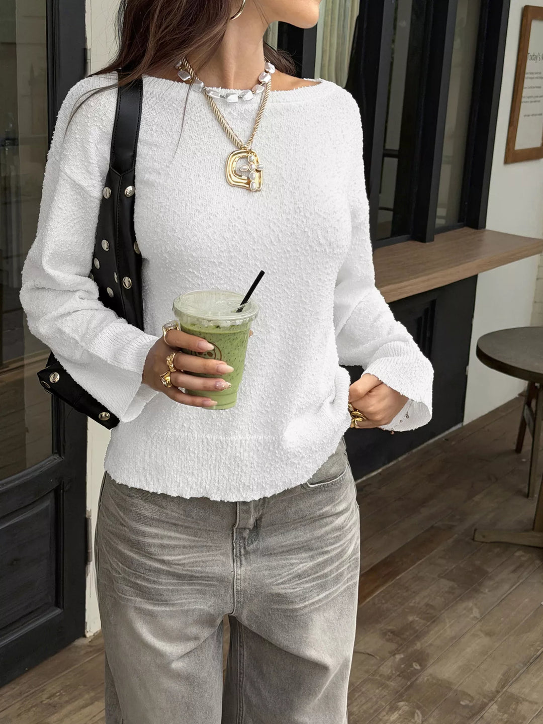 Textured boat neck dropped shoulder knit sweater