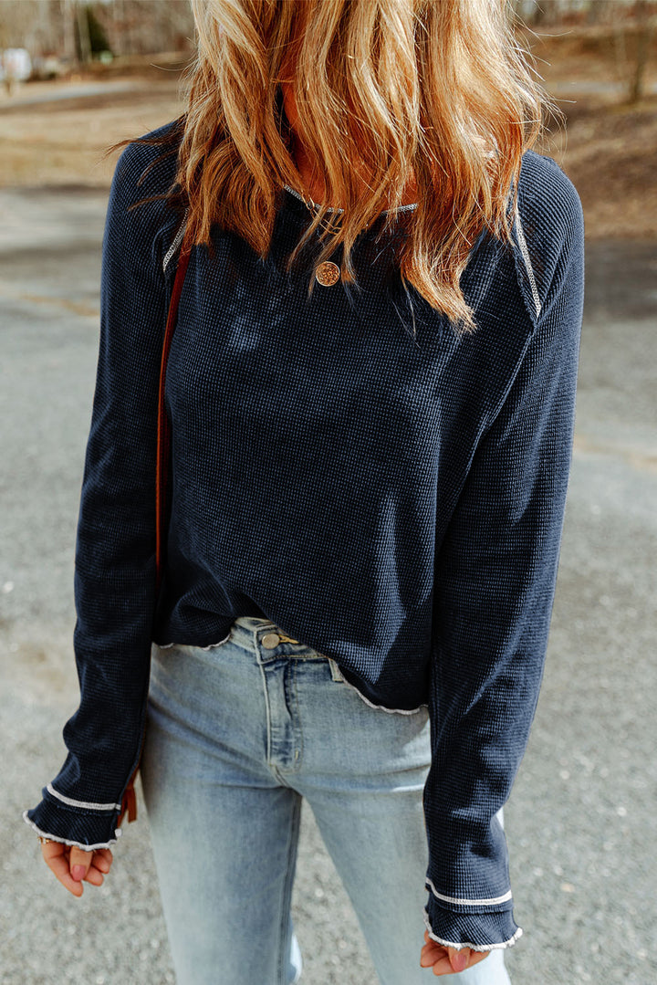 Navy Waffle knit raglan sleeve top with ruffle cuffs