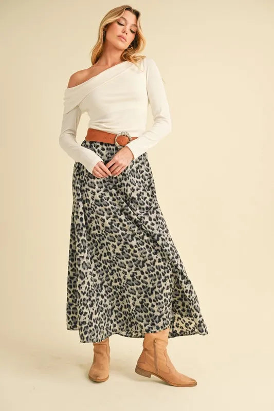 Flowy leopard print A-line midi skirt